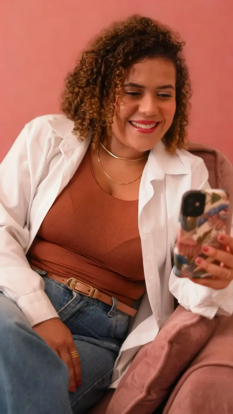 Mulher sorrindo enquanto usa o celular, sentada num sofá rosa